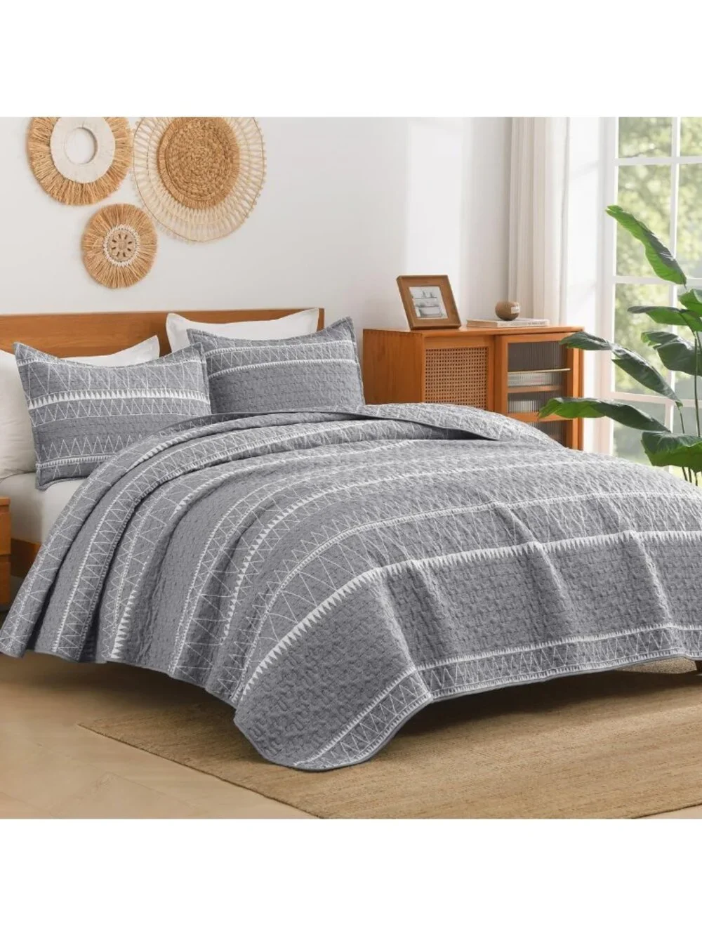 Boho Twin Quilt Set - Lightweight Striped Gray Bedspread, Reversible Comforter